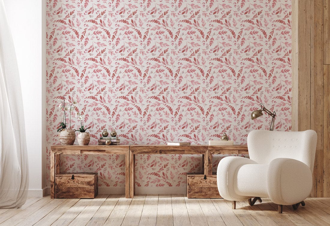 Elegant pink floral wallpaper in vintage style, rustic wooden table, cream armchair in cosy living room.