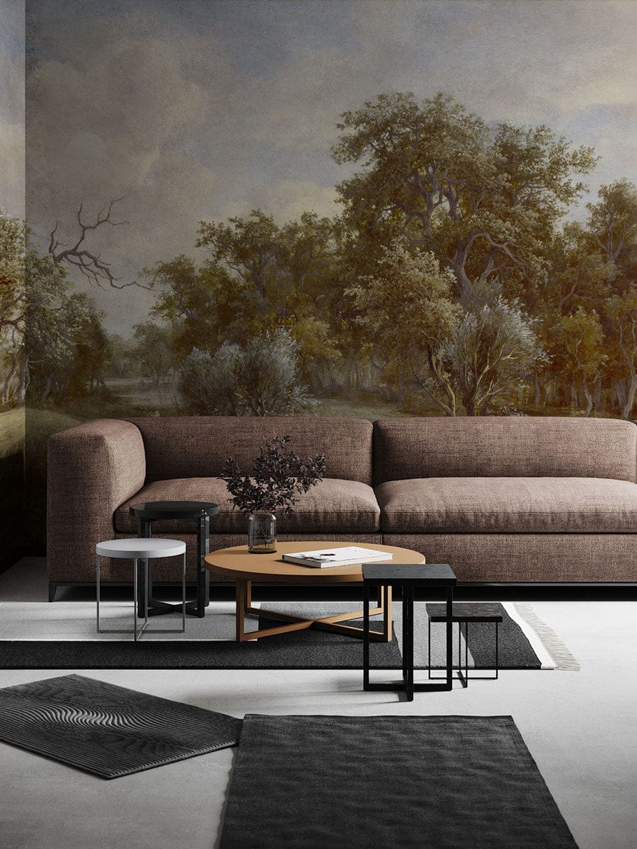 Elegant mural wallpaper in living room featuring brown sofa, woodland scene, and modern coffee table.