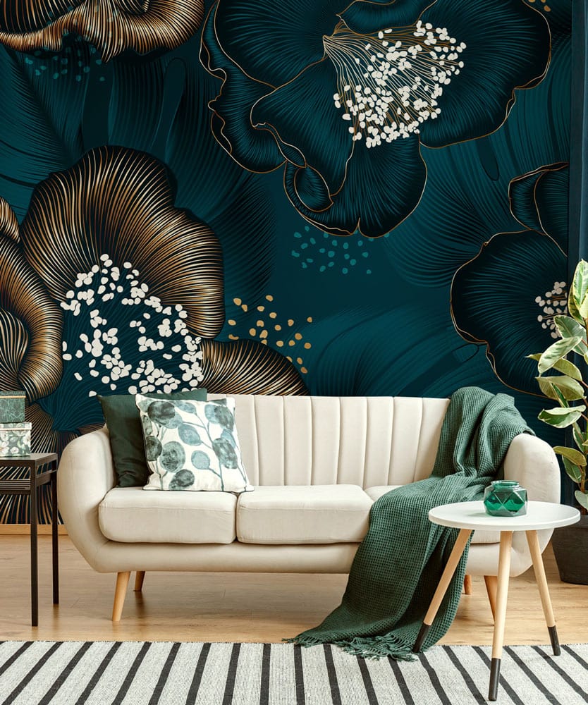 Luxurious teal floral mural wallpaper, beige sofa, striped rug, and modern decor in cosy living room.