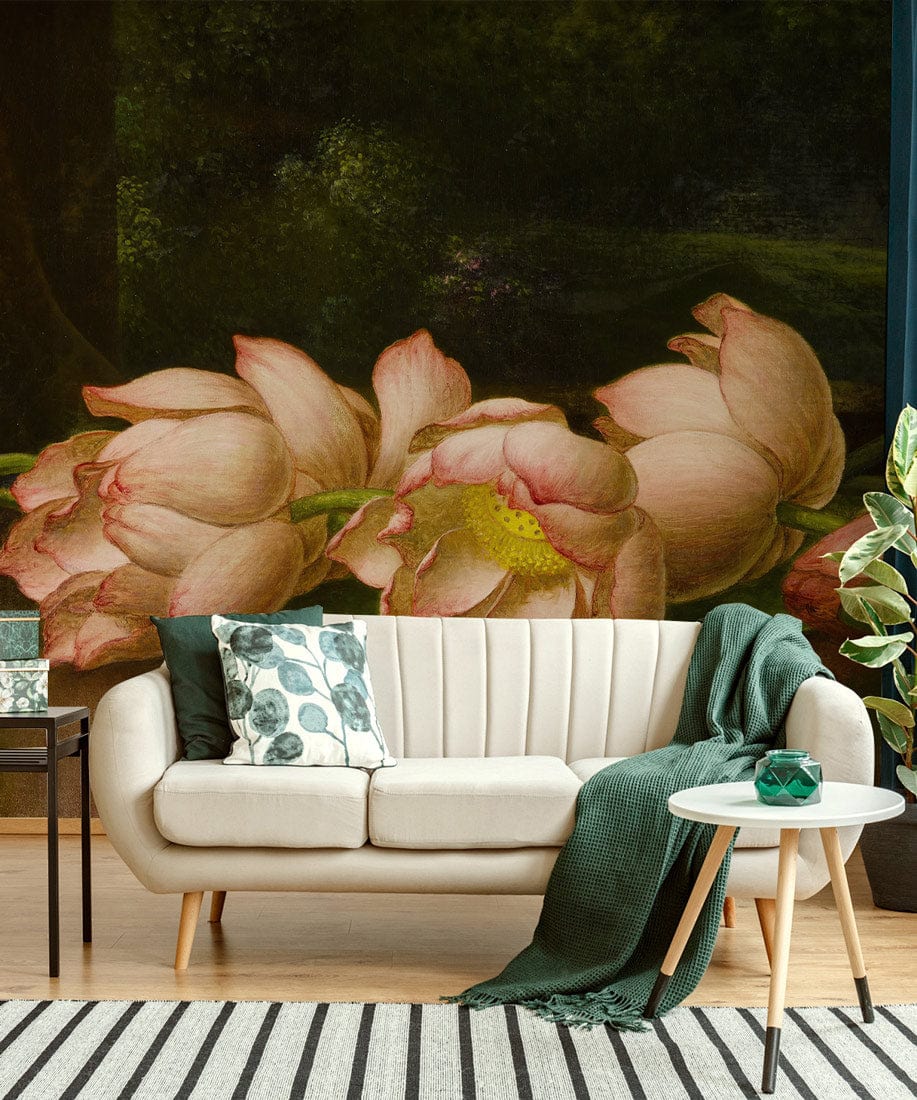 Elegant Vintage Floral Mural Wallpaper with Romantic Pink Peony Blooms, beige sofa, wooden flooring.