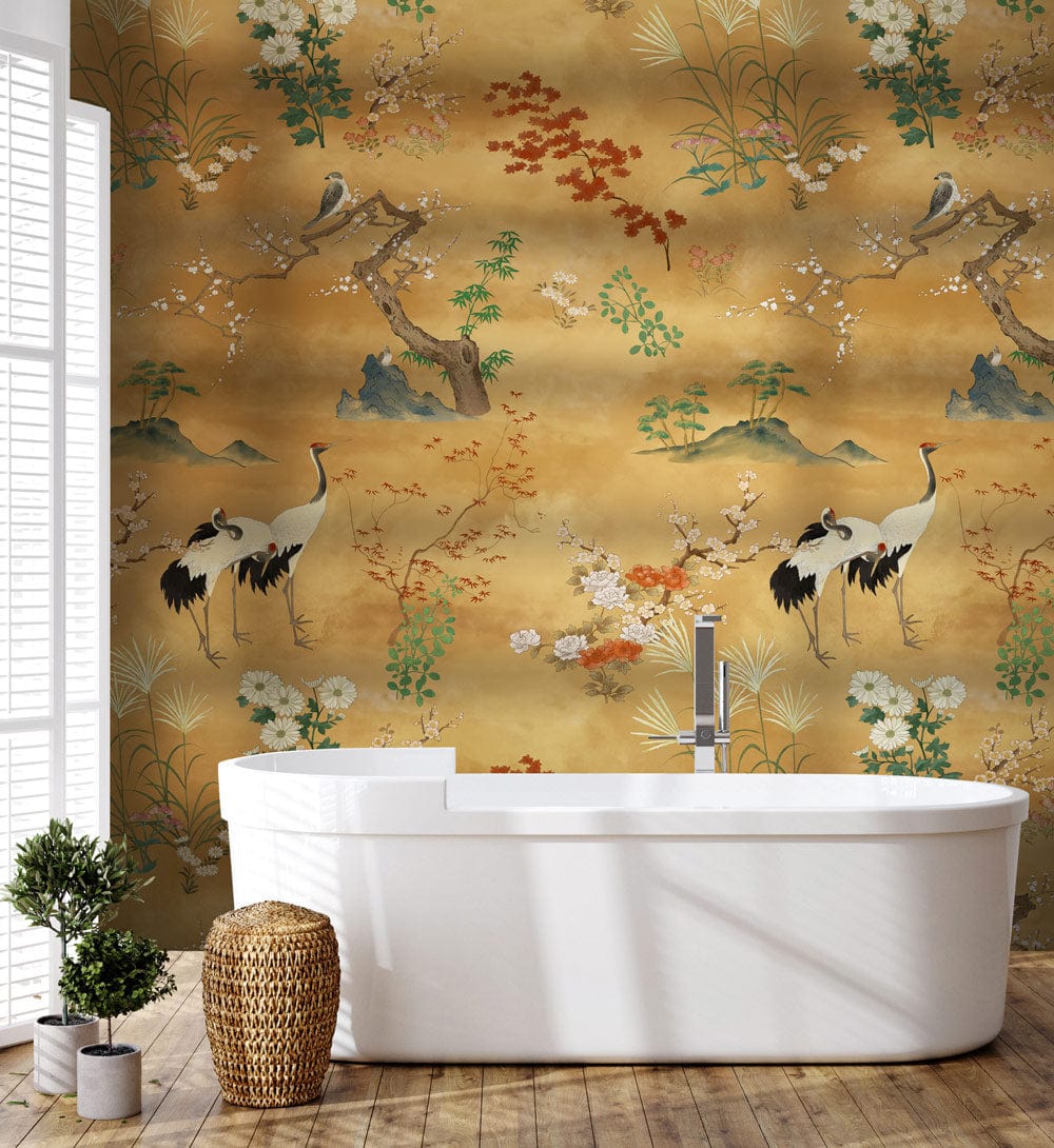 Elegant Vintage Crane and Floral Mural Wallpaper in bathroom with white bathtub and wicker basket.