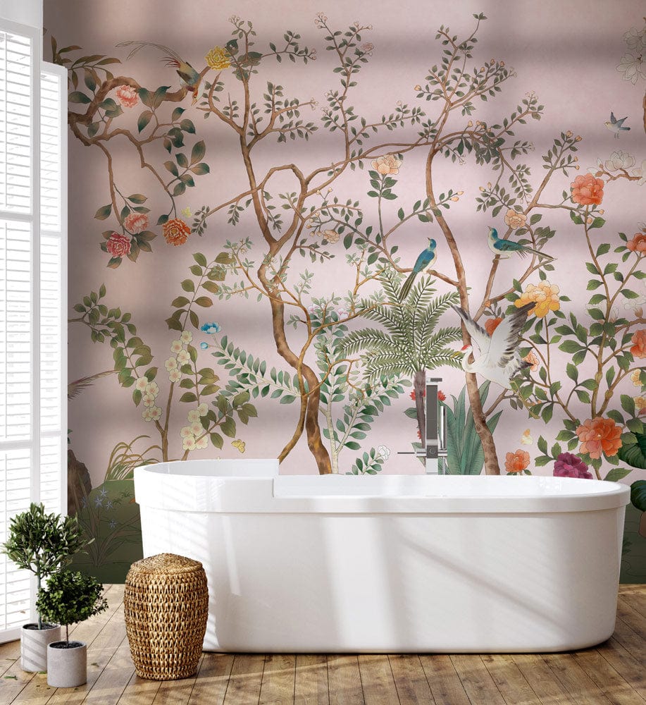 Elegant pastel botanical mural wallpaper in bathroom with vintage garden design, white bathtub, wood flooring.