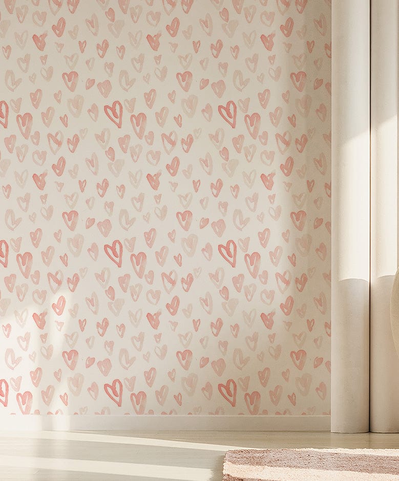 Charming Pastel Heart Pattern Wallpaper, romantic design, pale curtains, white-striped flooring, cosy room.