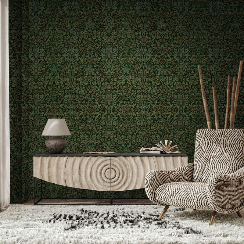 Elegant Victorian green botanical wallpaper, vintage decor with beige cabinet, patterned chair, textured rug.