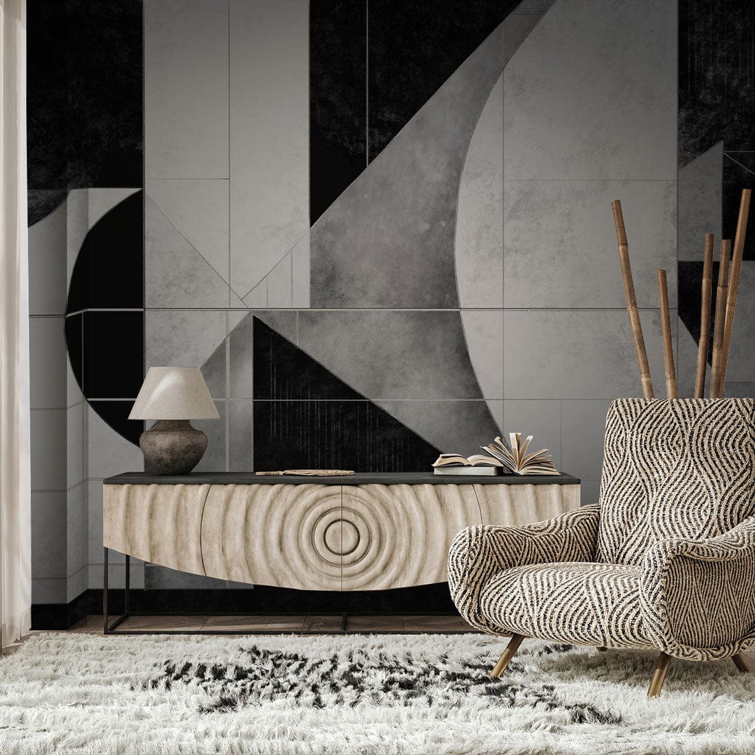 Monochrome geometric Art Deco wallpaper mural in modern living room with chair, console, and rug.