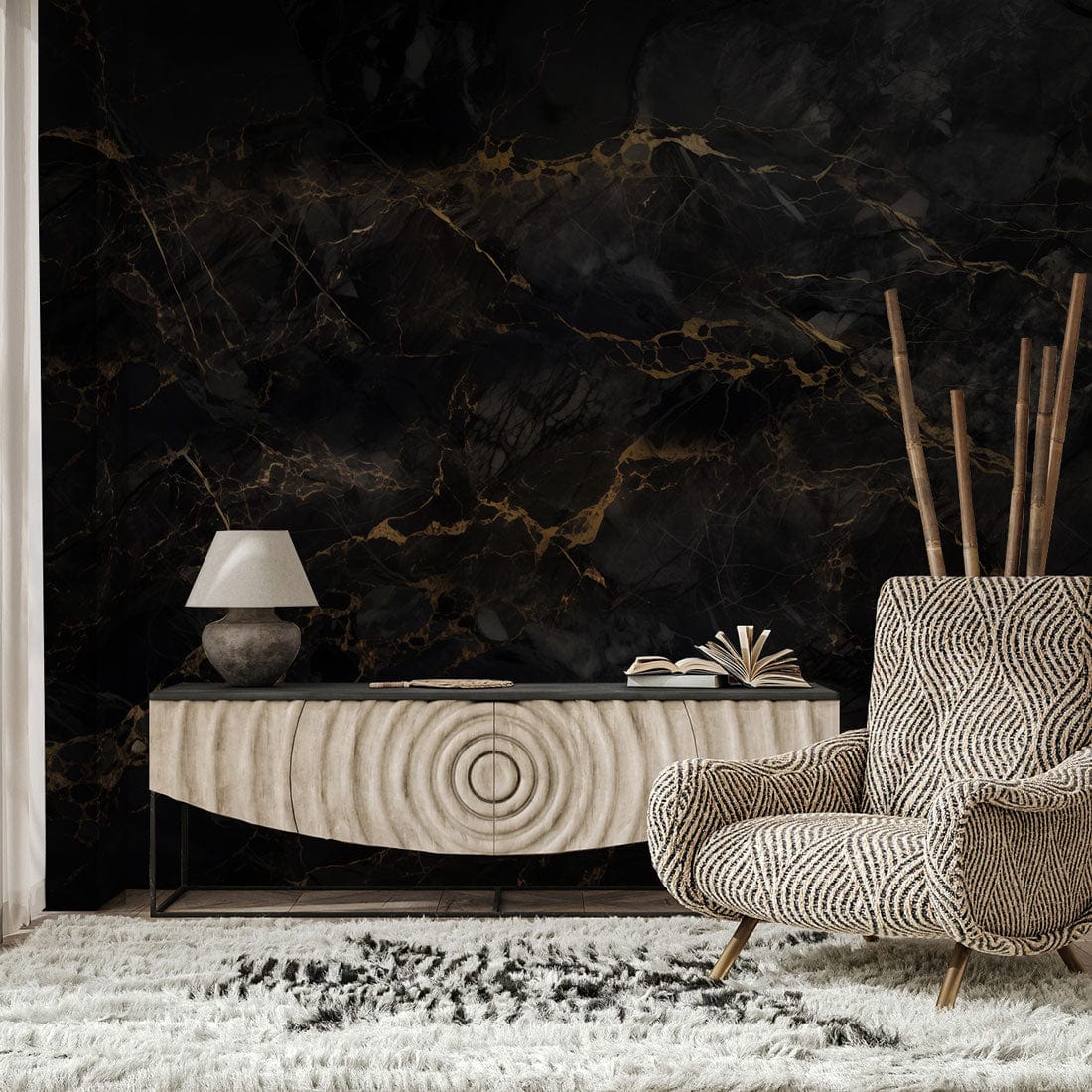 Luxurious black and gold marble wall mural, with stylish chair, modern sideboard in sophisticated living room.
