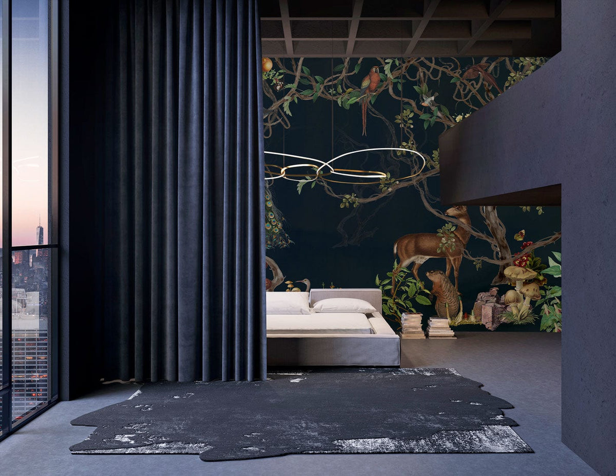 Exotic Wildlife Scene mural in dark green bedroom, modern leather bed, concrete flooring, urban skyline view.