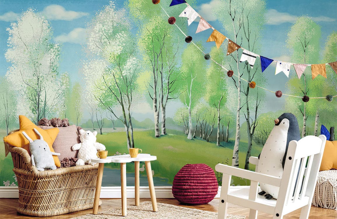 Tranquil birch forest mural wallpaper with soothing greens, wicker sofa, white chair, children's room decor.