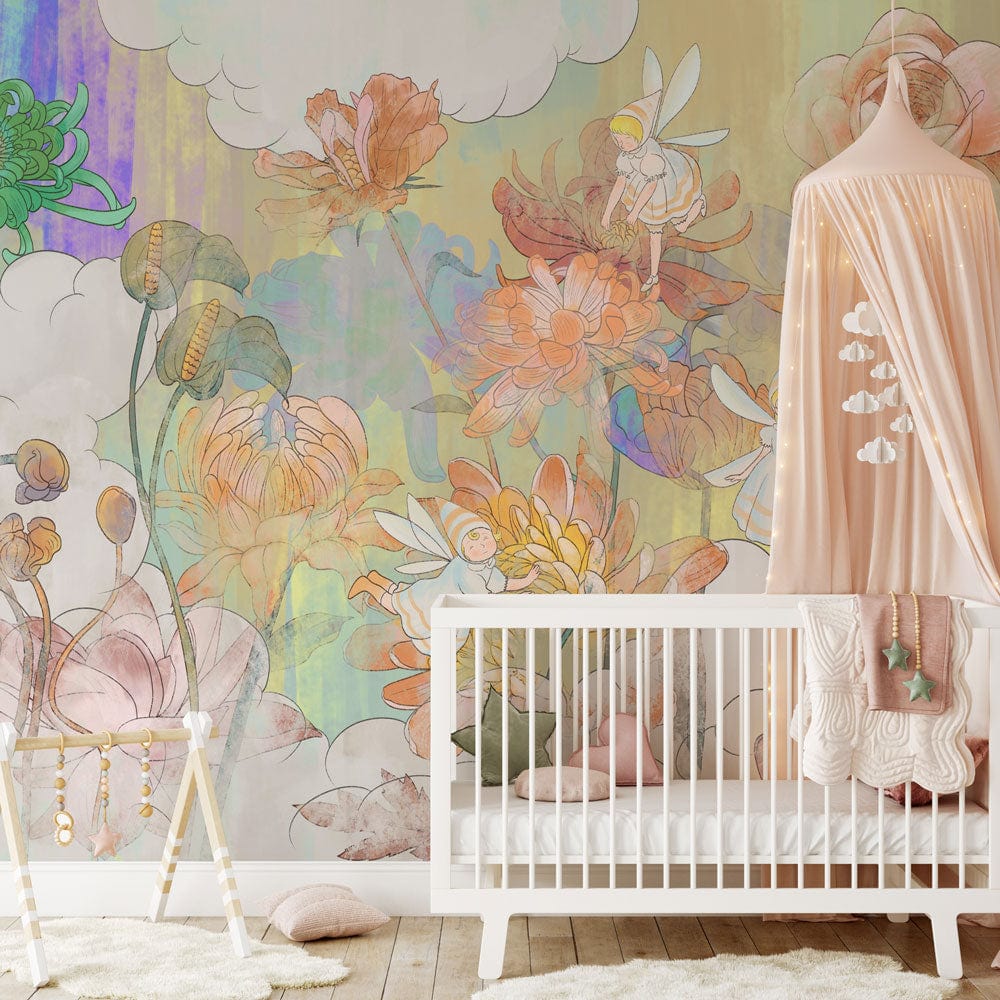 Pastel Dreamscape Floral Mural Wallpaper in nursery with white cot, pink canopy, wooden flooring.