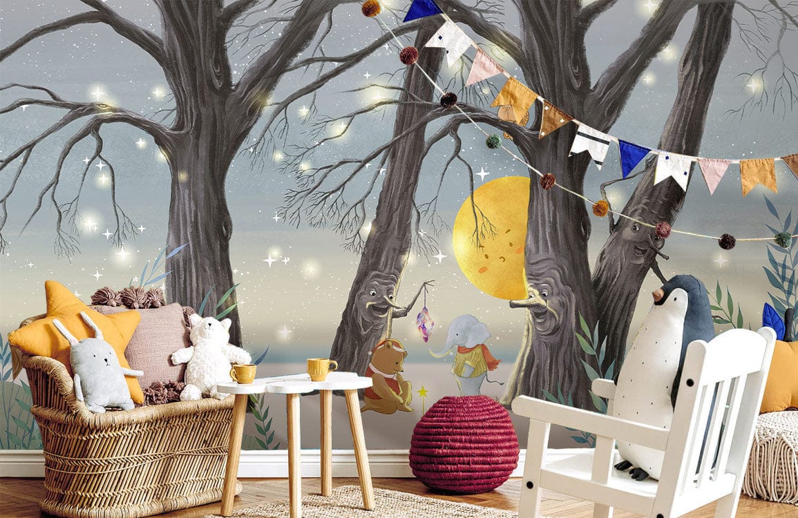 Magical woodland mural in watercolour style with wicker sofa, white rocking chair, wooden flooring.