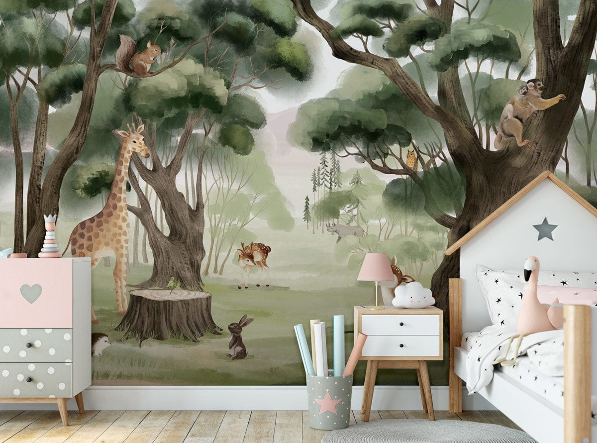 Whimsical Forest Animals wallpaper in children's bedroom; woodland theme, pastel furniture, light wood flooring.