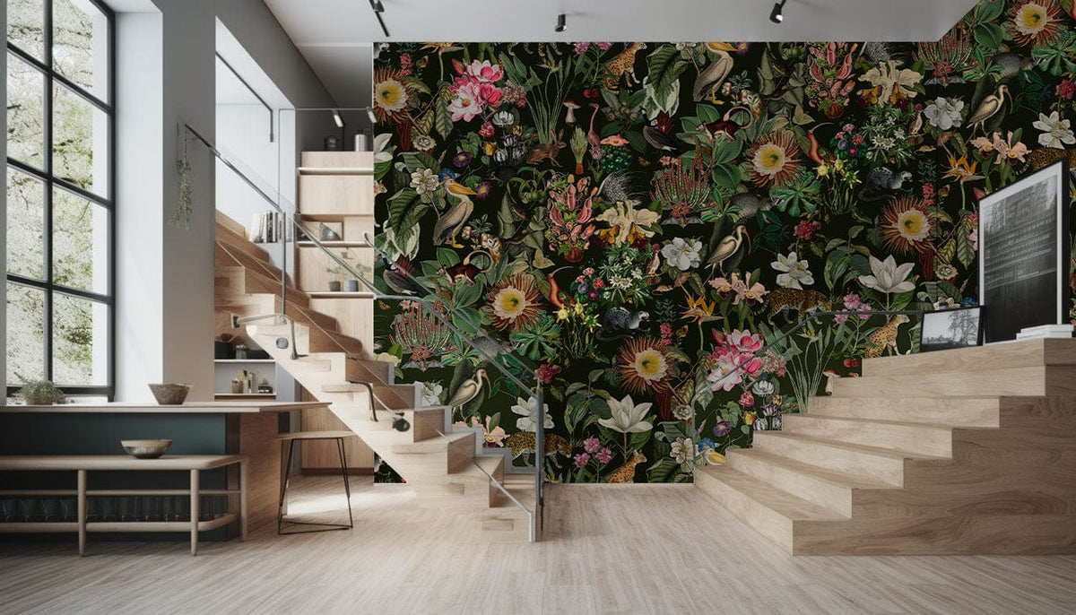 Tropical Jungle Paradise Floral Mural Wallpaper in modern living room with wooden stairs, light flooring.