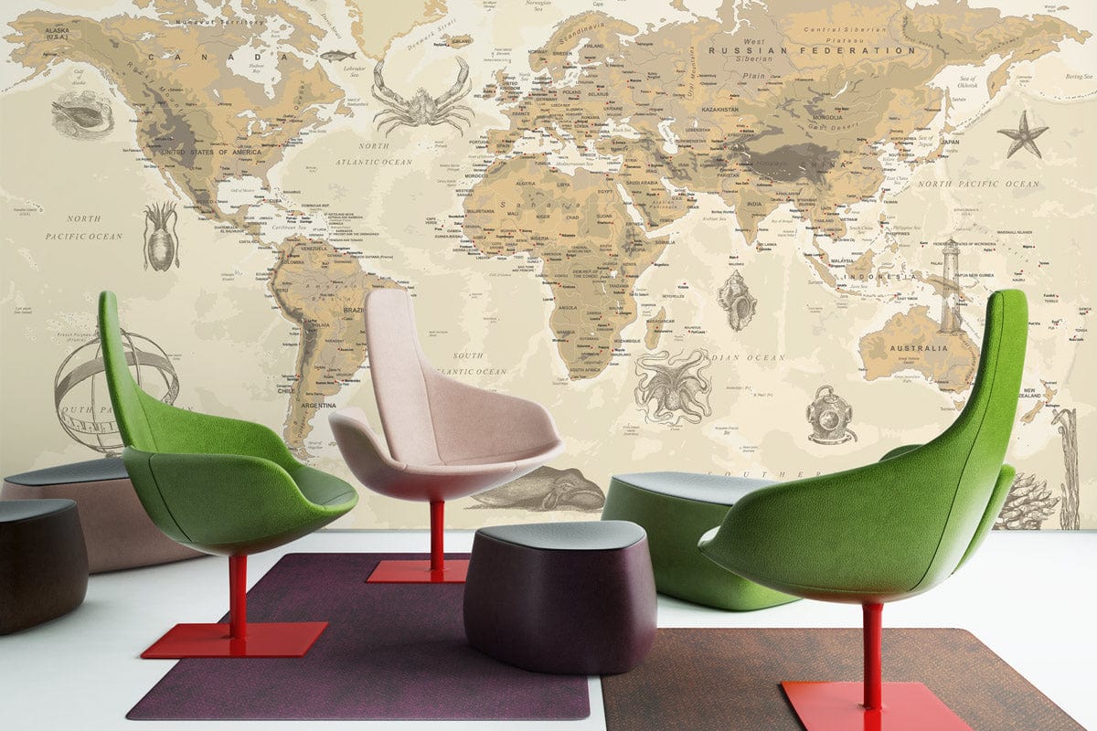 Vintage Sepia World Map Mural, nautical illustrations, modern green chairs, contemporary study decor, vibrant.