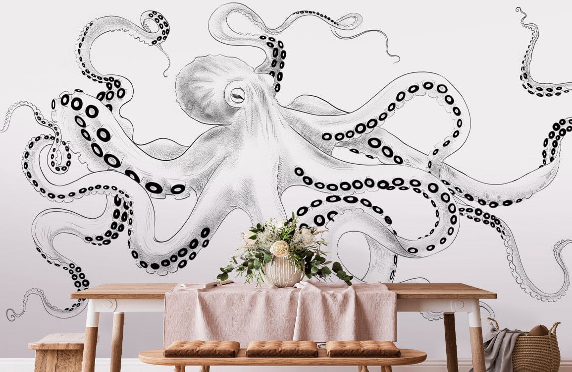 Monochrome octopus mural wallpaper, wooden dining table, white wall, decorative flowers, nautical decor style.