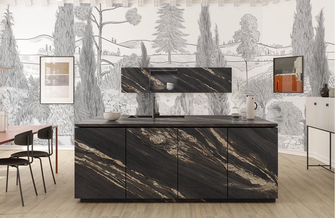 Elegant grey landscape mural wallpaper in kitchen, dark marble island, light wood flooring, artistic decor.