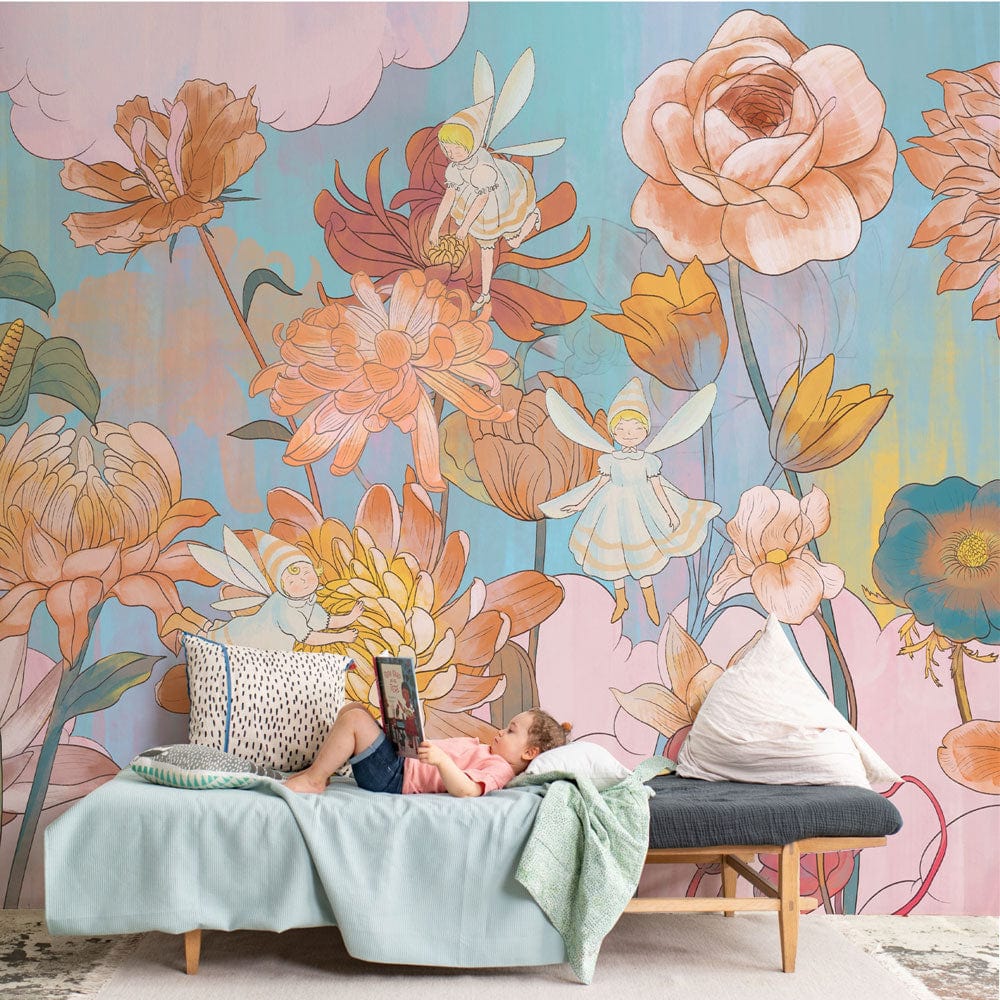 A child lounges in front of floral mural wallpaper, pastel tones, vibrant, with soft furniture.
