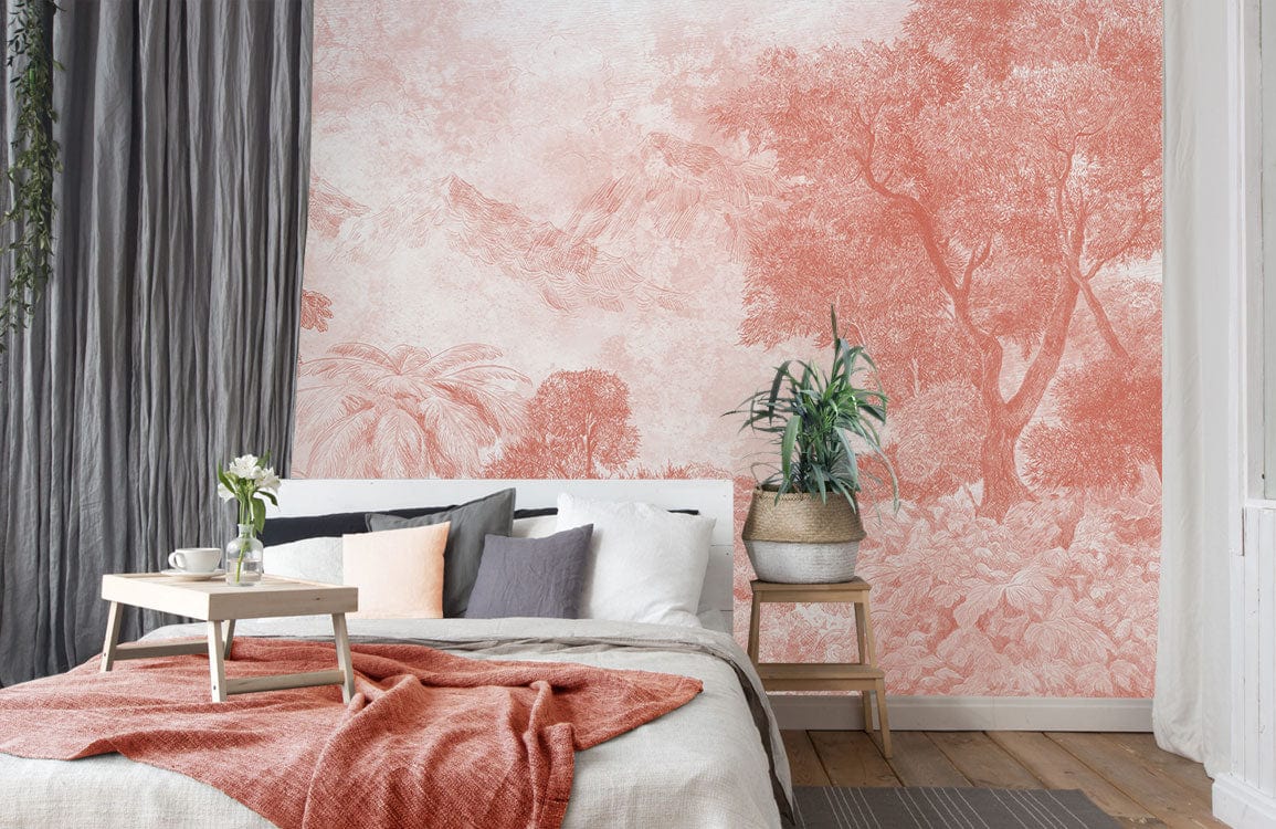 Coral Scenic Jungle Mural Wallpaper in bedroom, with grey curtains, stylish bedding, and wooden flooring.