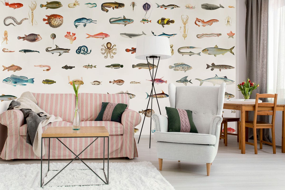 Colourful Marine Life Pattern Wallpaper featuring exotic fish in a living room with striped sofa.