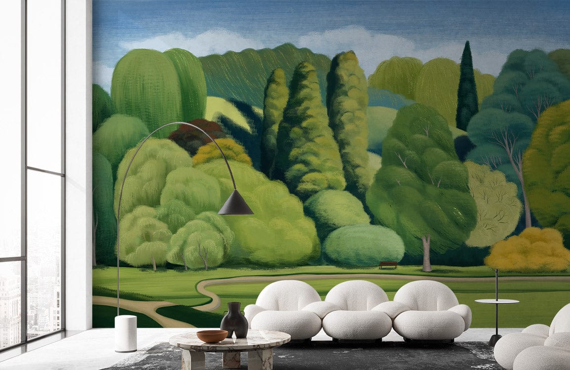 Lush Green Dreamscape Mural Wallpaper in living room with modern white sofas and black floor lamp.