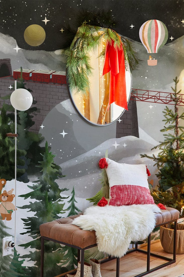 Enchanting Winter Wonderland Mural with bears, train; leather bench, mirror, and rustic decor in living room.