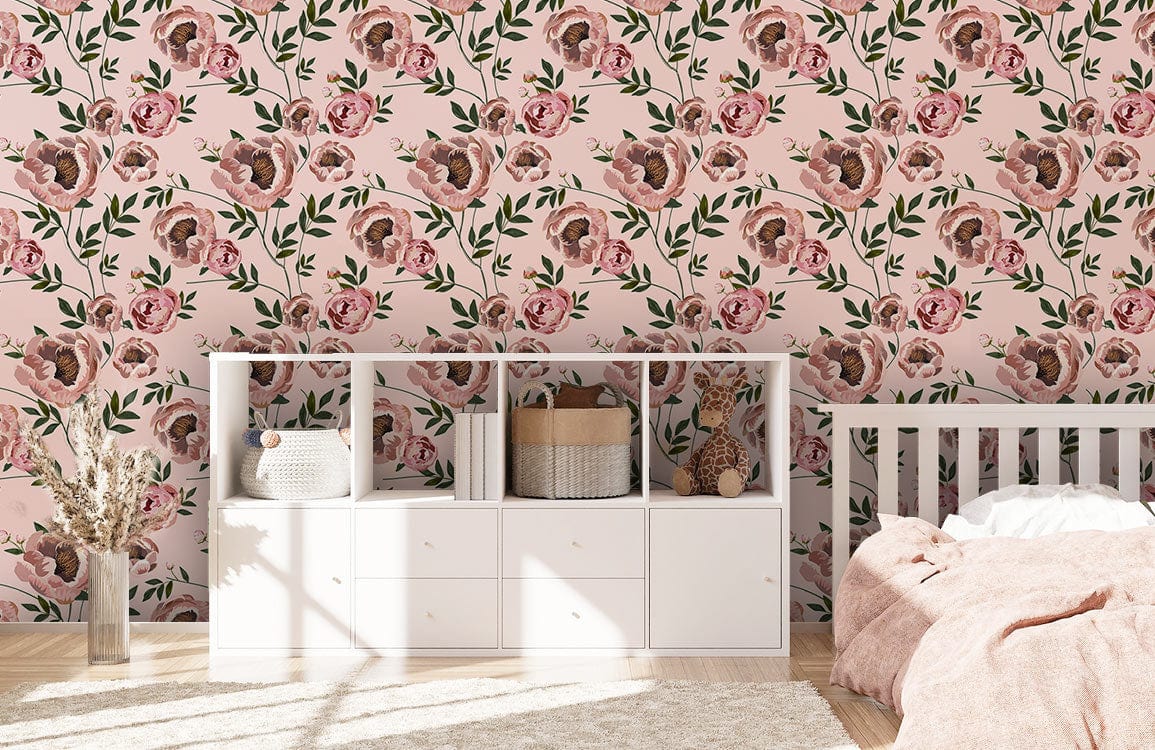 Vintage Floral Elegance wallpaper in nursery, pink and green design, white furniture, soft earthy tones.