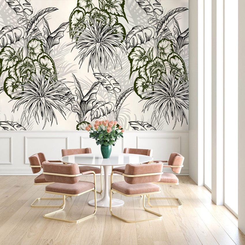 Tropical green botanical jungle wallpaper, monochrome, elegant design, dining room, pink chairs, light wooden floor.