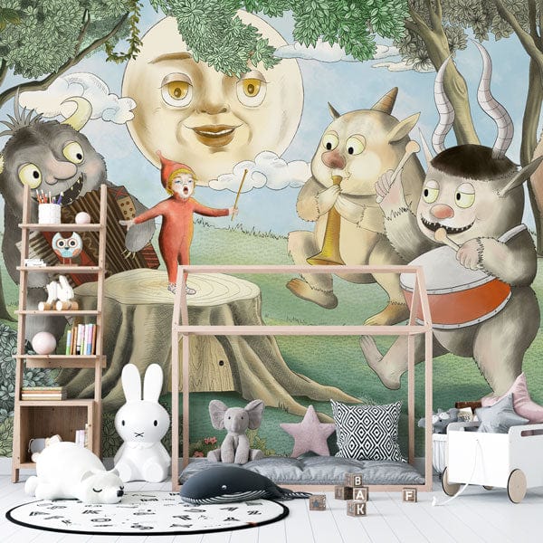 Whimsical forest creatures wallpaper with pastel trees, playful nursery decor, plush toys, and wooden furniture.