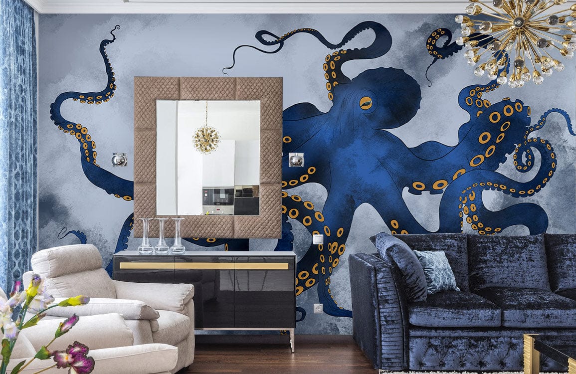 Deep Blue Ocean Octopus Mural Wallpaper in elegant living room with dark velvet sofa, wooden flooring.