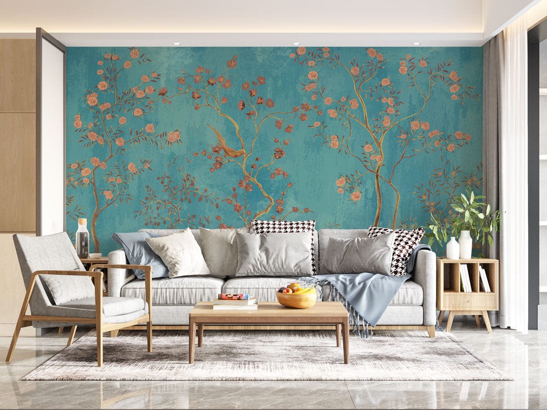 Elegant turquoise floral mural wallpaper with birds, grey contemporary sofa, modern lounge setting, marble flooring.