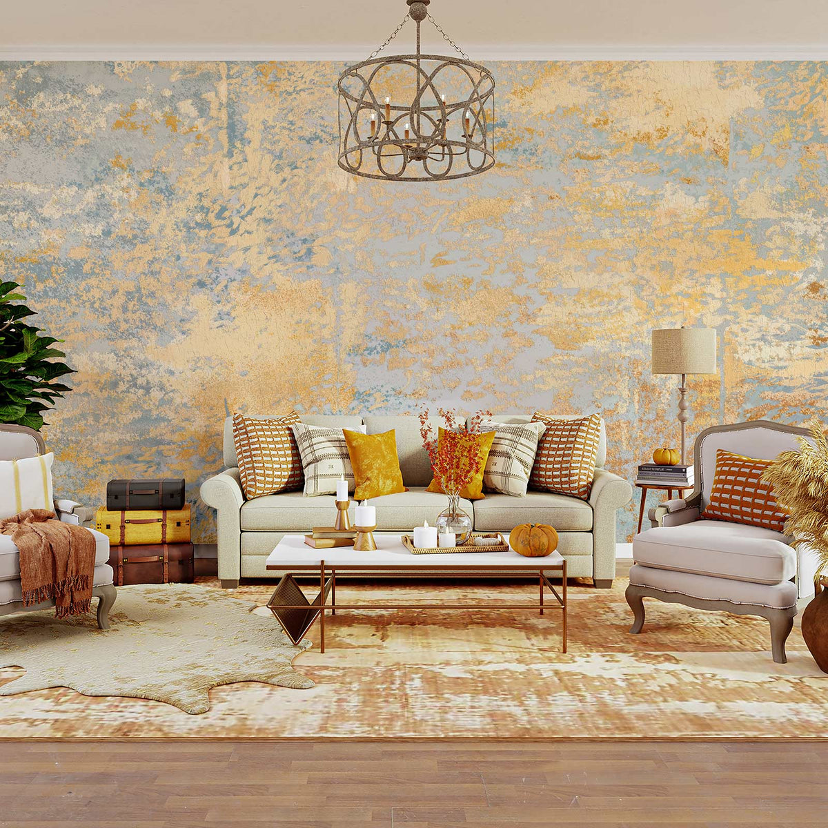 Vintage abstract mural wallpaper in blue and gold with beige sofas, wooden flooring, elegant chandelier.