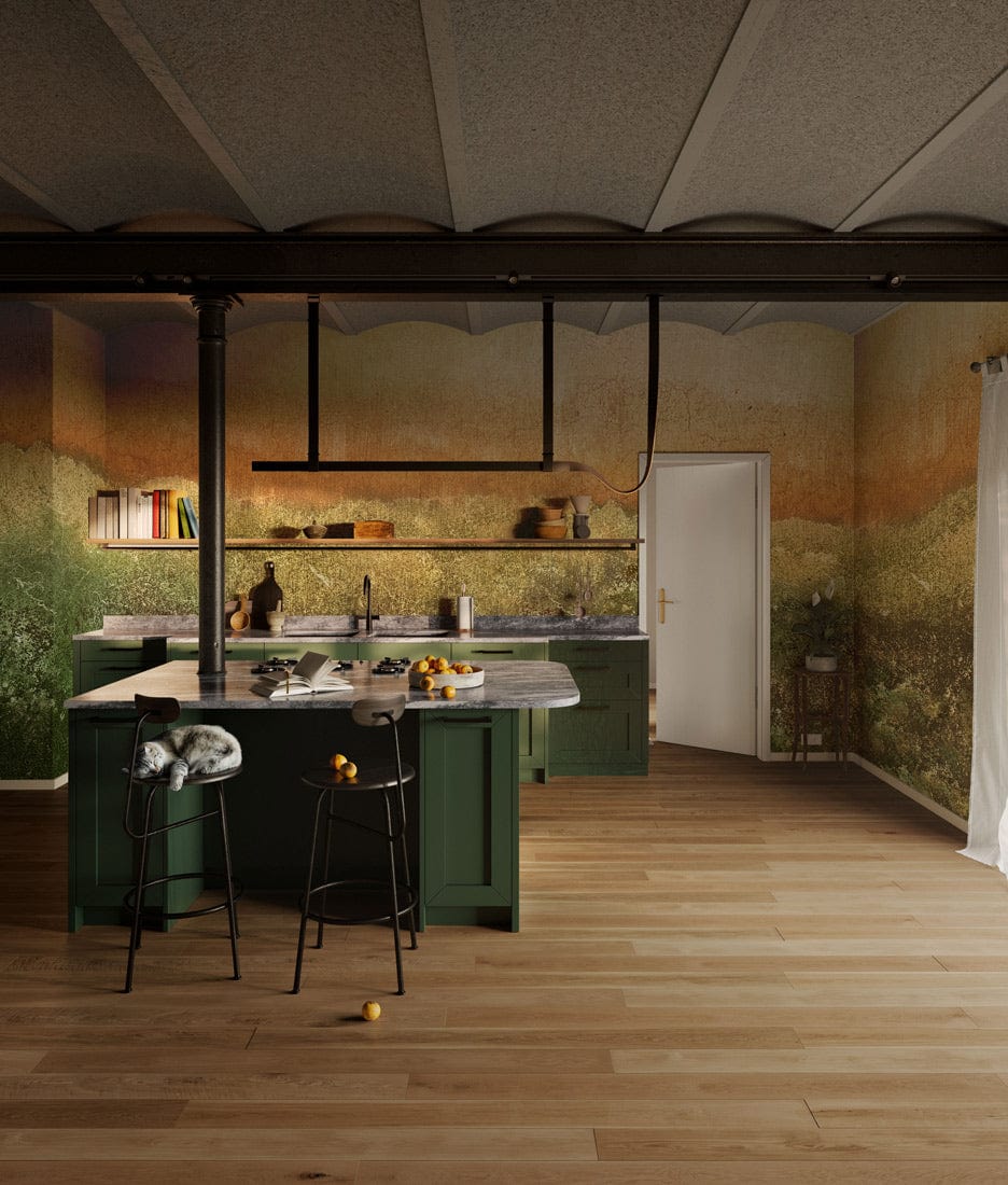 Rustic autumn forest mural wallpaper in earthy green tones, modern kitchen design, with wooden flooring.