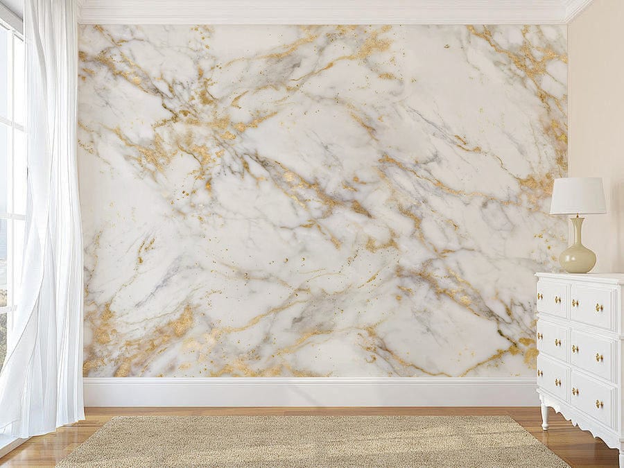 Luxurious white and gold marble mural wallpaper, elegant dresser, beige rug, bright room with curtains.
