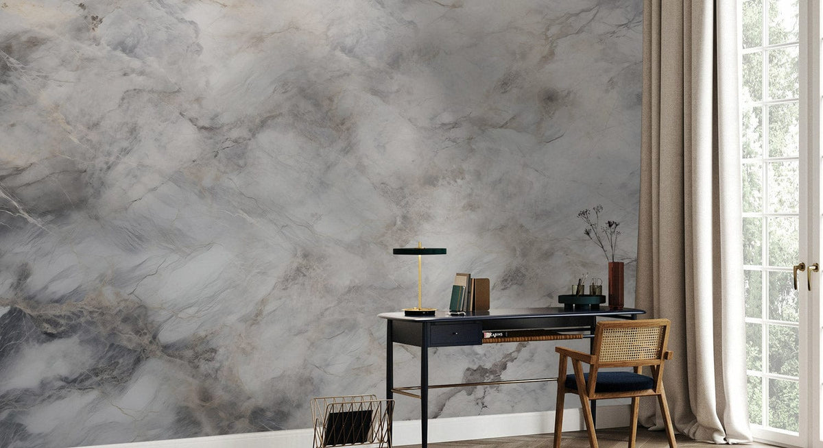 Elegant marble effect grey textured mural wallpaper in modern study with sleek desk, and wooden chair.