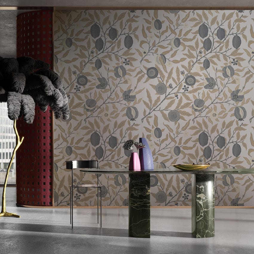 Elegant grey and beige floral wallpaper in modern room with sleek glass table, green marble base.
