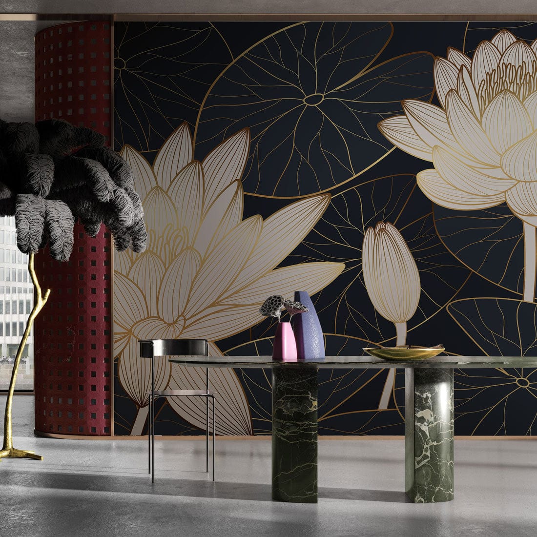 Elegant Lotus Blossom Mural Wallpaper in gold and navy, contemporary room, green marble table, grey floor.