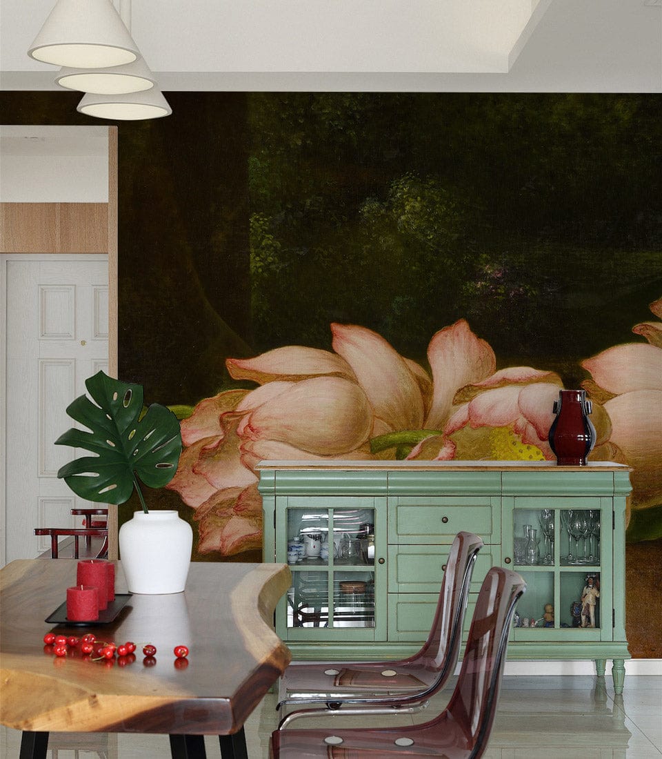 Elegant Vintage Floral Mural Wallpaper with pink peonies, green cabinet, wooden dining table, transparent chairs.