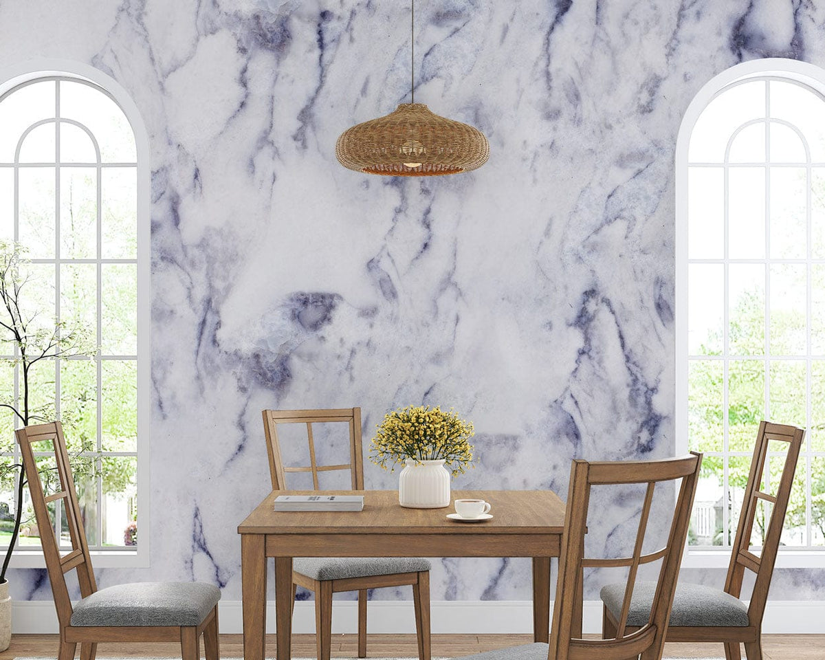 Elegant marble effect wallpaper, dining room, wooden table and chairs, pendant light, arched windows.
