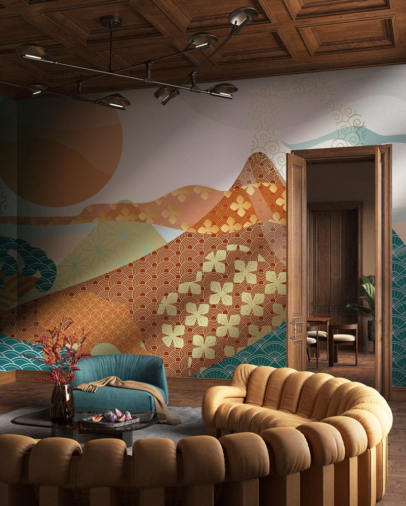 Vintage Japanese-style wallpaper with earthy geometric patterns, wooden ceiling, modern sofas in elegant lounge.