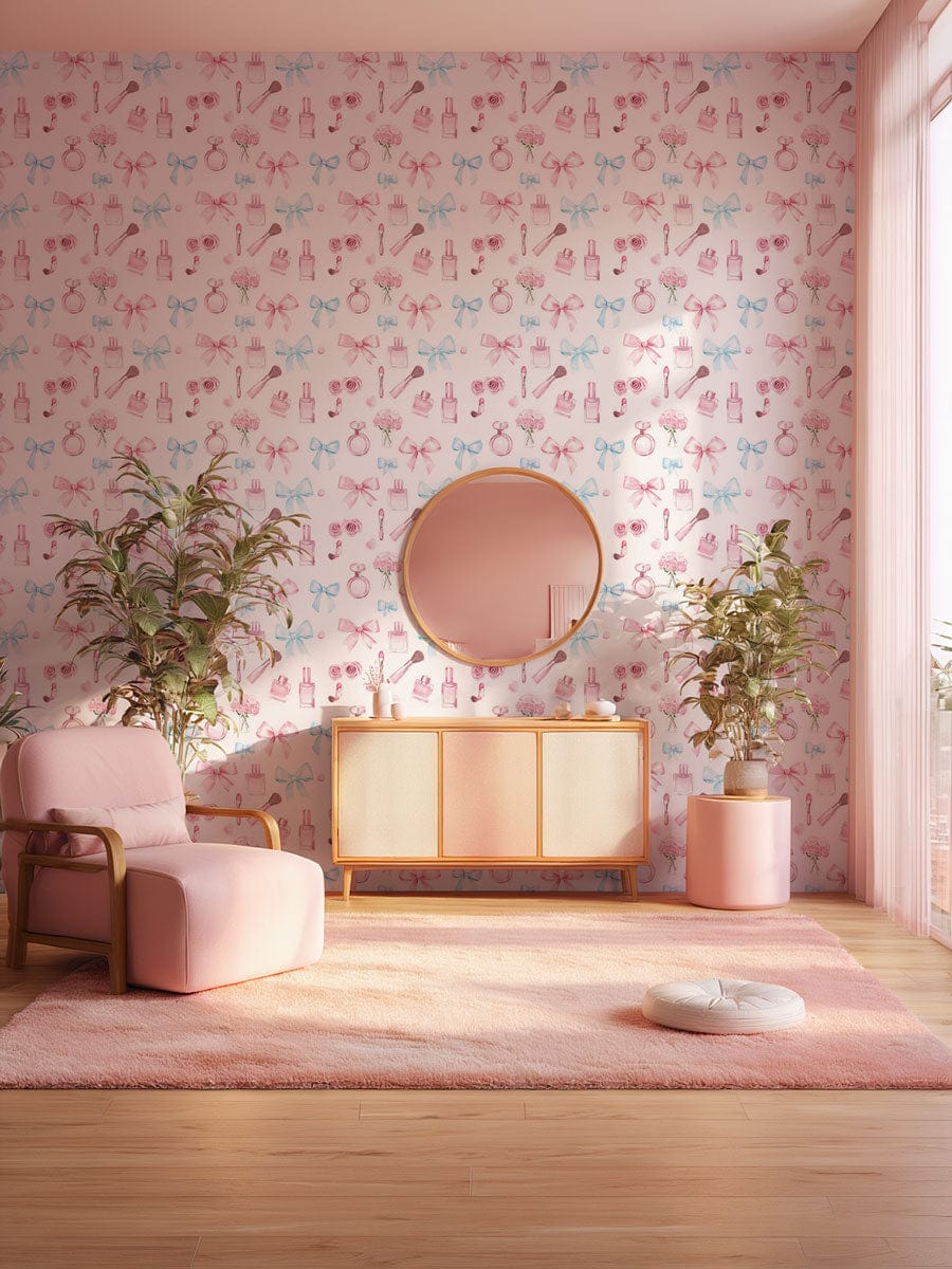 Pastel Floral Delight wallpaper in pink, blue, and white, elegant living room with pink armchair.