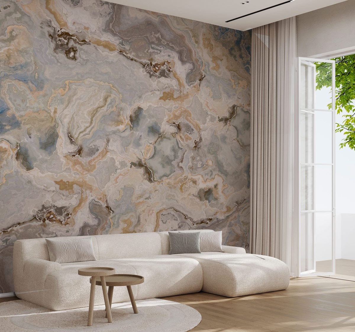 Elegant Blue Marble Effect mural wallpaper in modern lounge with beige sofa and light wood flooring.