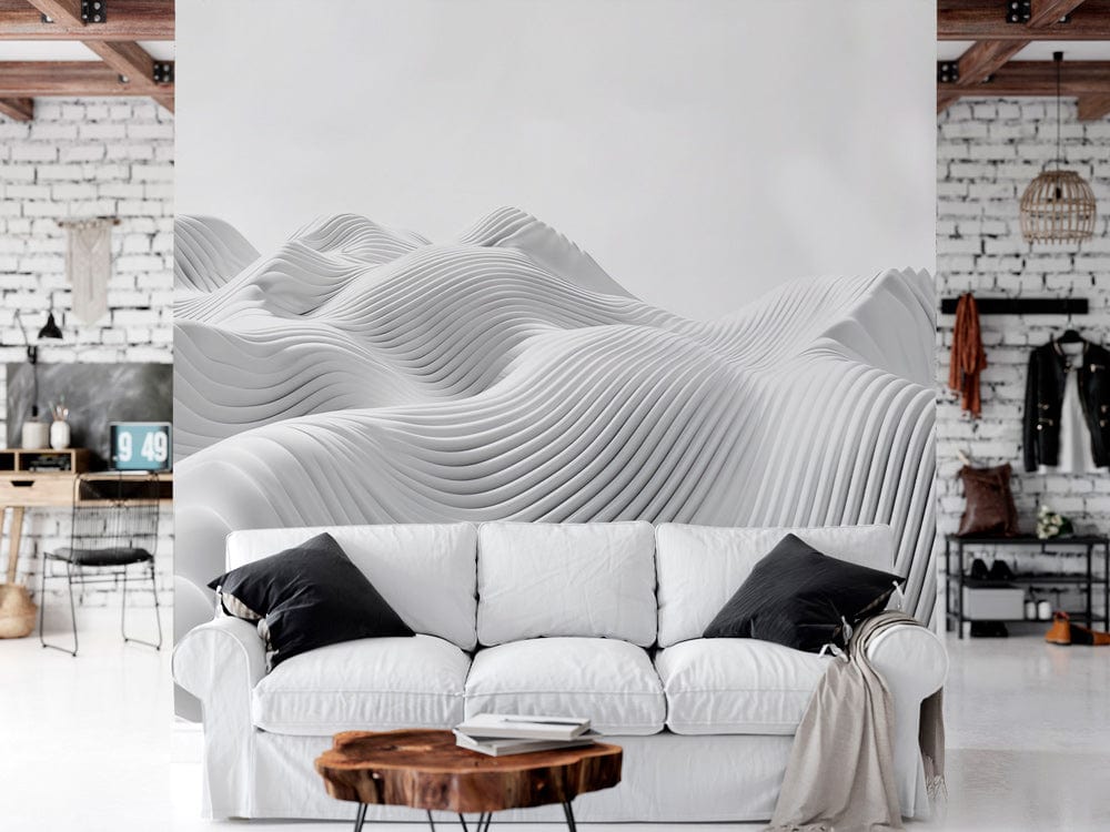 Elegant white 3D wave wallpaper in modern living room with white sofa and rustic white brick walls.