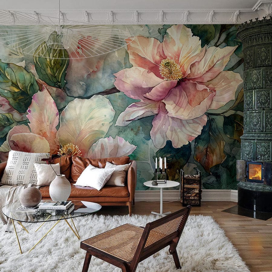 Elegant watercolour floral wall mural with pastel hues, leather sofa, and wicker chair in living room.