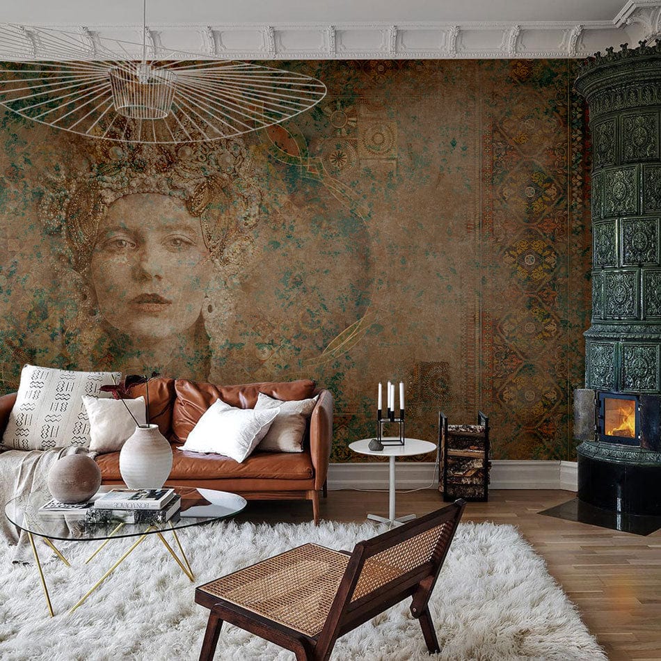 Mystical Vintage mural wallpaper in teal and sepia, featuring brown sofa, shag rug, and fireplace.