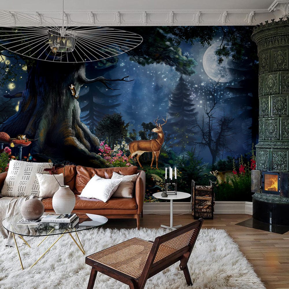 Enchanted Forest Dreamscape mural with starry sky, brown sofa, white rug, and ornate fireplace.