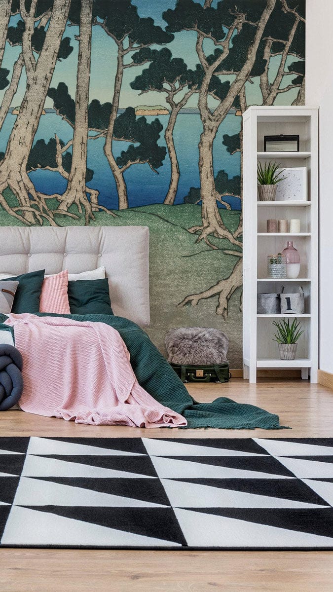 Tranquil Coastal Forest Scene mural wallpaper in bedroom, tufted headboard, geometric rug, wooden floor.