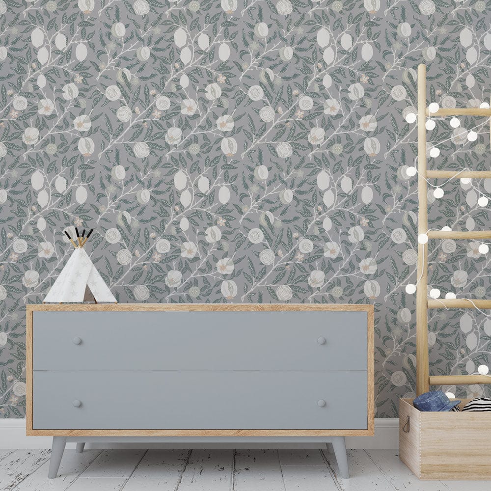 Soft Grey Floral Elegance wallpaper, light grey dresser, wooden shelf, soft botanical pattern in living room.