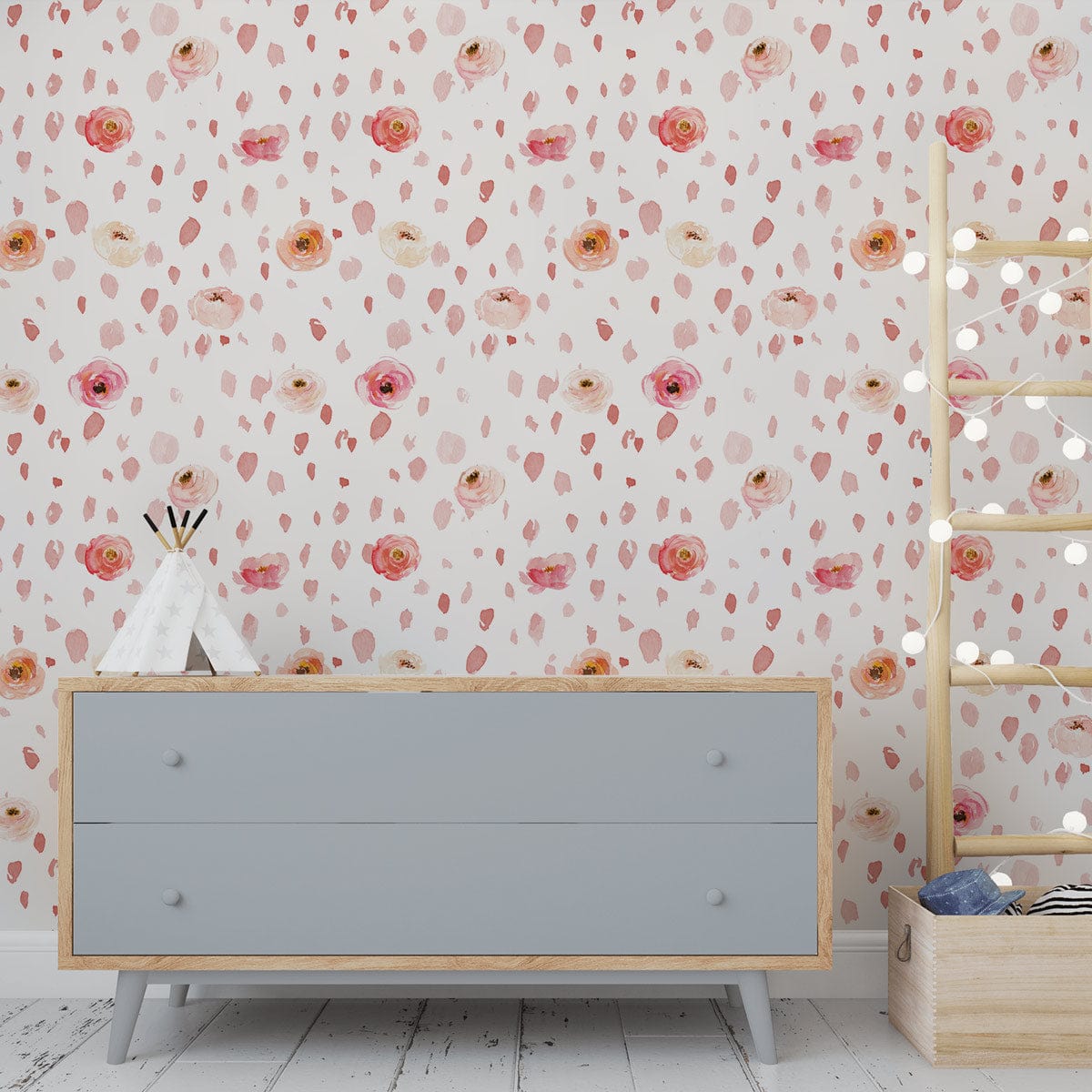 Delicate pink rose watercolour wallpaper, modern interiors; features blue-grey dresser, wooden shelving, light flooring.