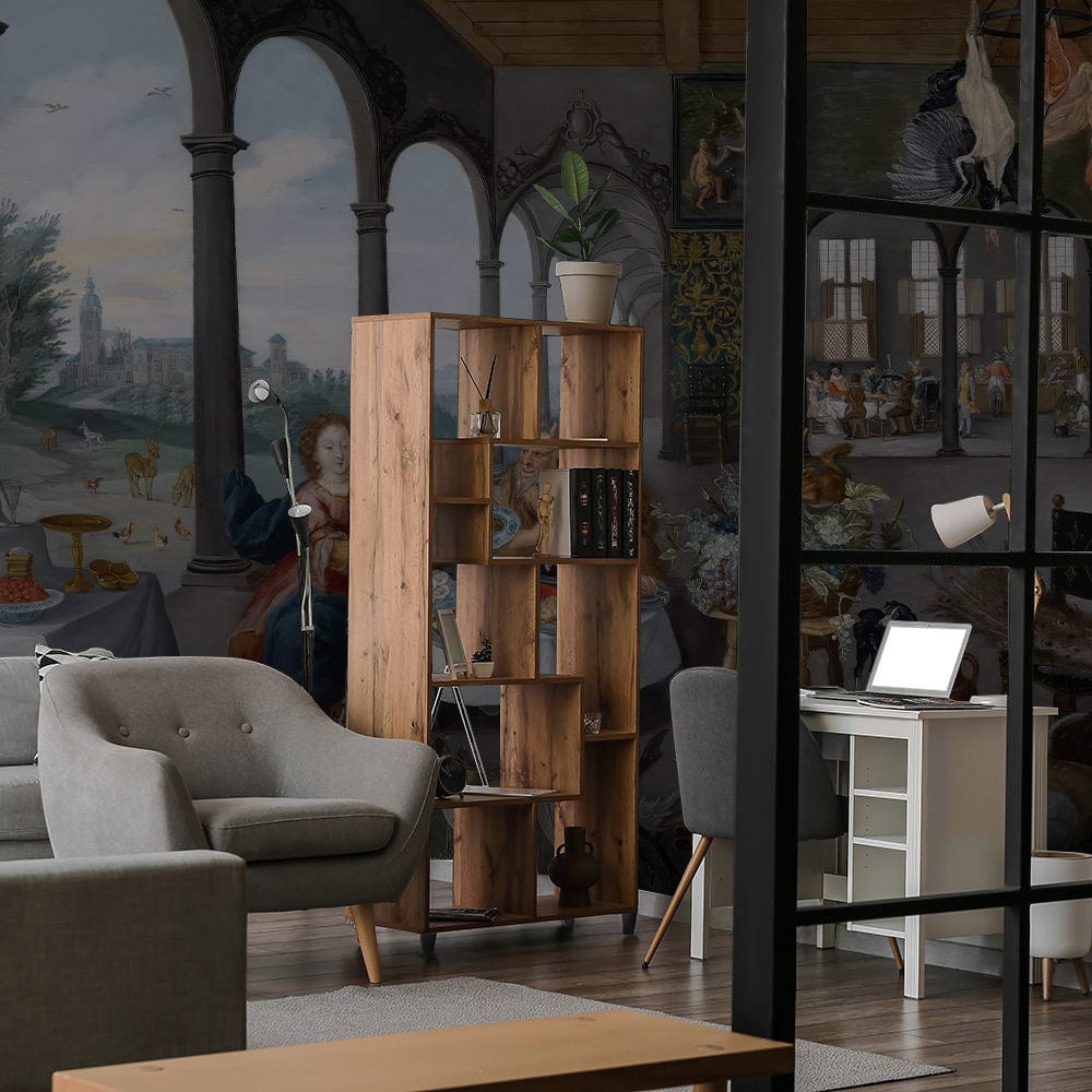 Elegant grey sofas in living room with Baroque mural wallpaper, wooden flooring, modern decor elements.