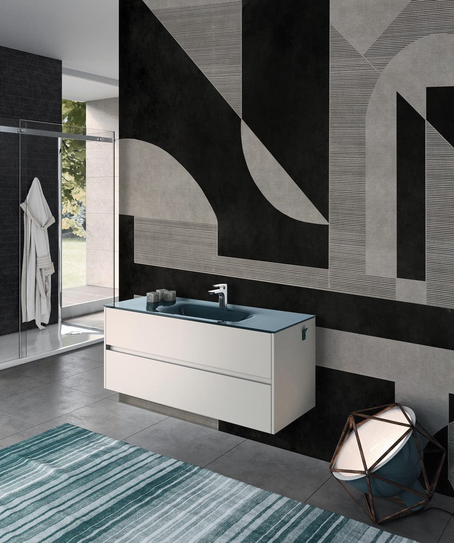 Monochrome geometric Art Deco wallpaper in black and grey tones, modern bathroom with white vanity.