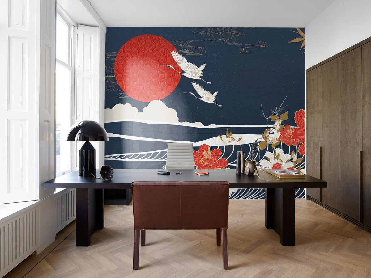 Japanese Crane Mural Wallpaper in office with brown chair, wooden flooring, and modern black desk.